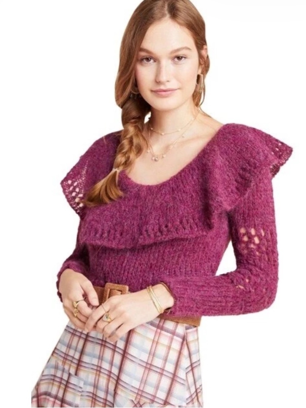 Anthropologie Magenta Ruffled Alpaca Crew Sweater, size medium